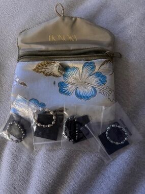 Honoka Floral Jewelry Pouch with Blue & Gold Embroidered Flowers